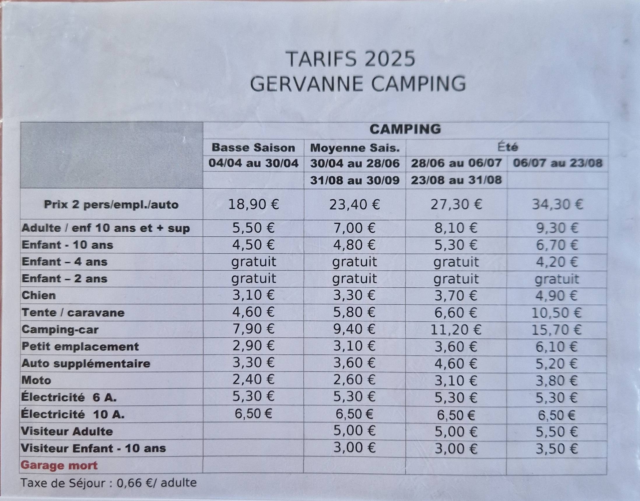 NOS TARIFS EMPLACEMENTS DE CAMPING 2025